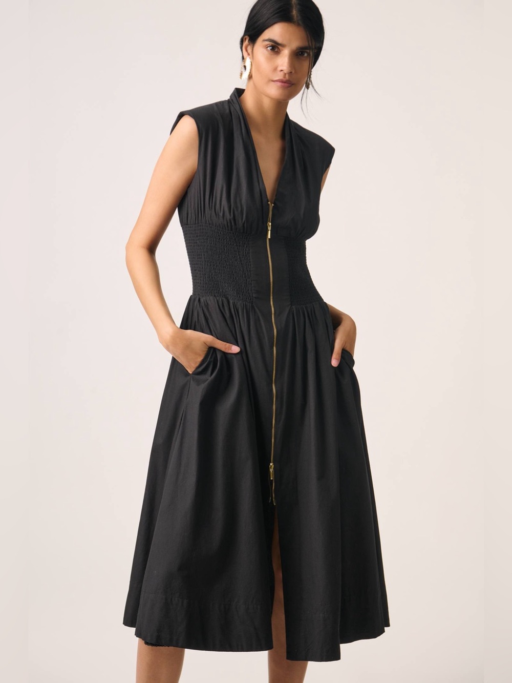 Anthropologie Black The Tommie Zip-Front Smocked-Waist Midi Dress Sz XS